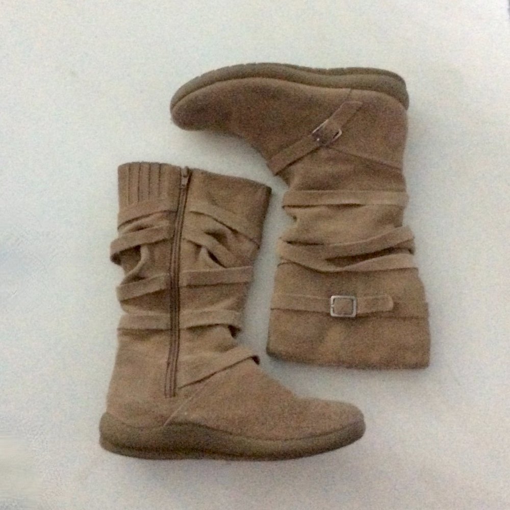Beige Suede Side Zip Boots with Straps & Buckles - Picture 2 of 13